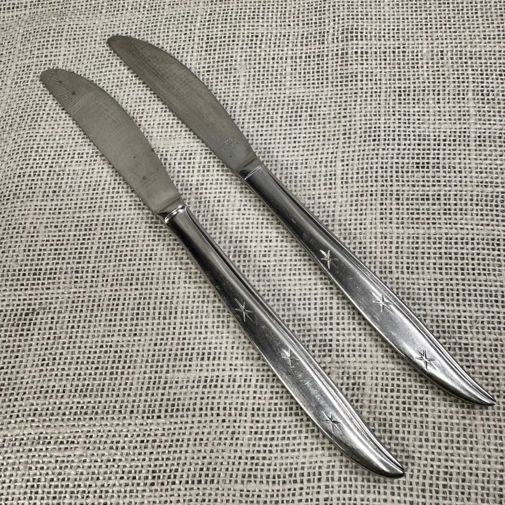Vintage NSCO Starette Dinner Knives Set of 2 Atomic Starburst Stainless Japan